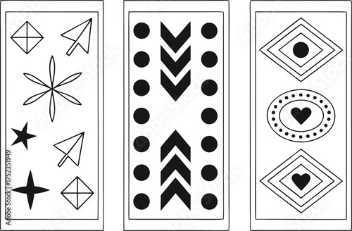 Three vertical panels featuring hand drawn abstract geometric shapes and patterns in black and white line art
