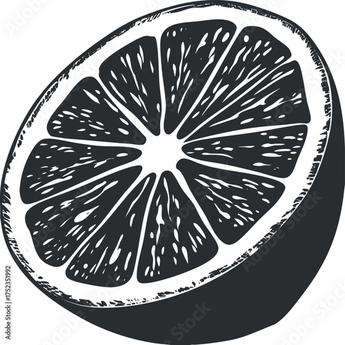 Monochrome vector illustration of a halved orange slice with detailed texture and bold contrast.