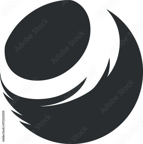 Abstract black and white circular logo with smooth, flowing curves and minimalist design.