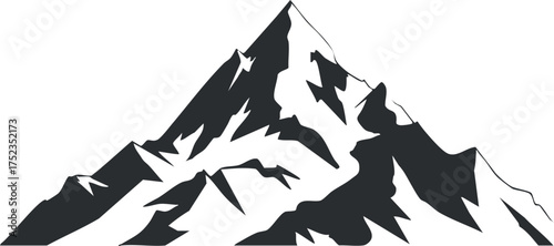 Minimalist black and white silhouette of a jagged mountain peak with snow accents.