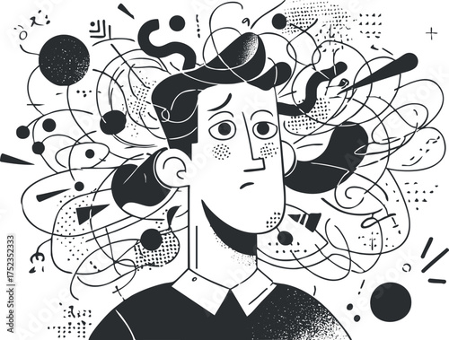 Abstract illustration of a man with chaotic thoughts symbolized by swirling lines and doodles.