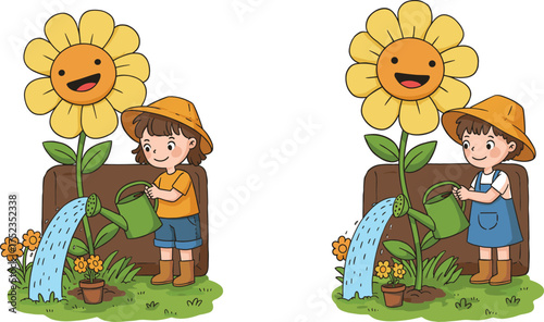 Children watering plants, boy and girl gardening, smiling sunflower illustration, kids with watering can, outdoor nature care, cartoon style, happy childhood
