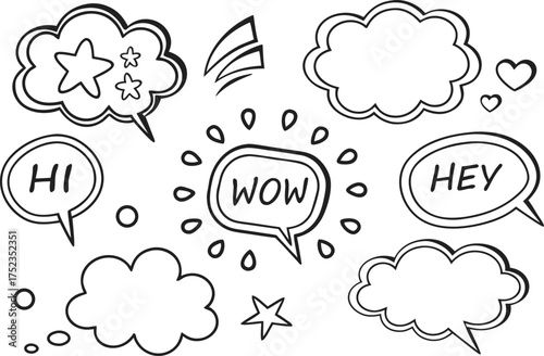 Collection of hand drawn comic book style speech bubbles and thought clouds with words and symbols