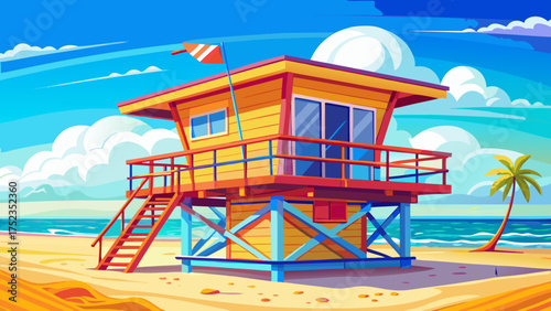 Very beautiful colorful lifeguard hut standing on sandy Miami Beach with turquoise waves, blue sky, and sunlight reflecting on calm ocean water.
