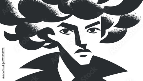 Minimalist black and white illustration of a stylized portrait with abstract hair and bold lines.