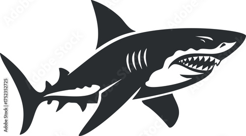 Black and white silhouette illustration of a fierce shark with sharp teeth and fins.