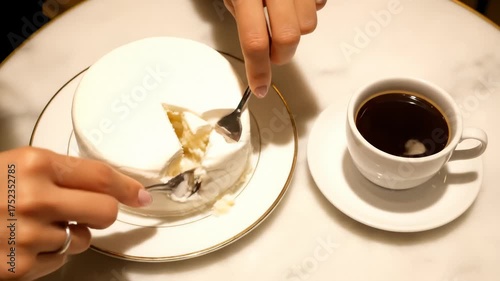 Woman Cutting Into Small White Cake With Fork Next to Cup of Coffee