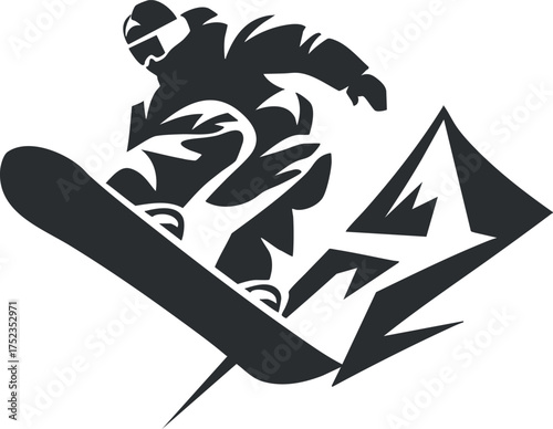 Silhouette of a snowboarder performing a jump with a mountain backdrop in black and white.