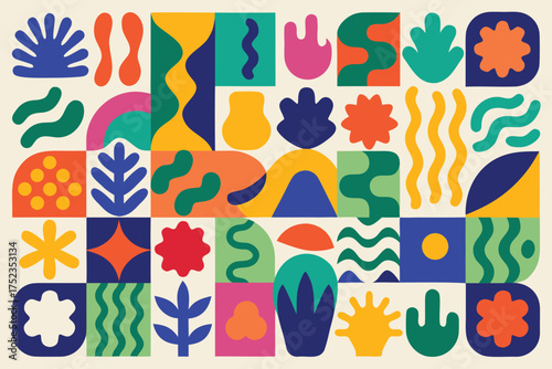 Vibrant abstract geometric shapes and organic forms in a playful mosaic pattern