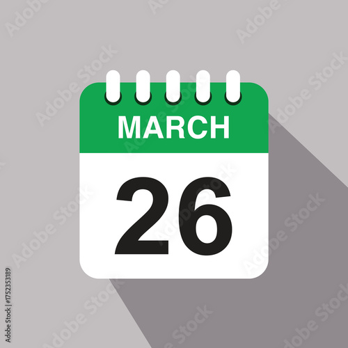 26 march calendar date icon. vector illustration with shadow design