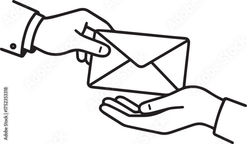 Two hands passing envelope vector black and white communication and delivery concept icon
