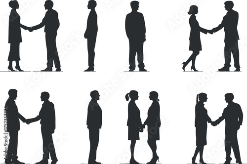 Silhouettes of people shaking hands in various professional settings, symbolizing business interactions.