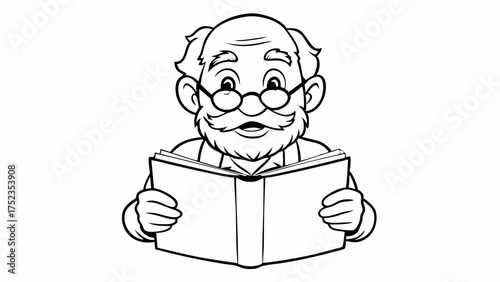Grandfather reading a storybook with a joyful expression in a monochrome illustration