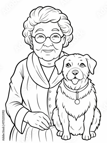 Elderly woman posing with her cheerful dog in a heartwarming illustration