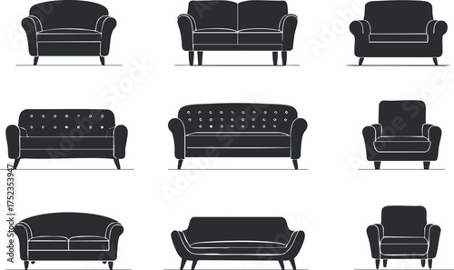 Collection of various sofa and armchair silhouettes in modern design on a white background.
