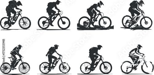 Silhouettes of mountain bikers showcasing various cycling positions and movements in dynamic illustrations.