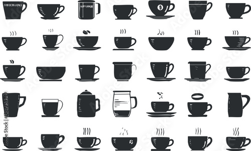 Collection of stylized coffee and tea cup icons in black and white vector illustration.