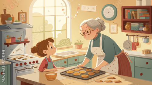 Grandmother and her granddaughter baking cookies together in a sunny kitchen