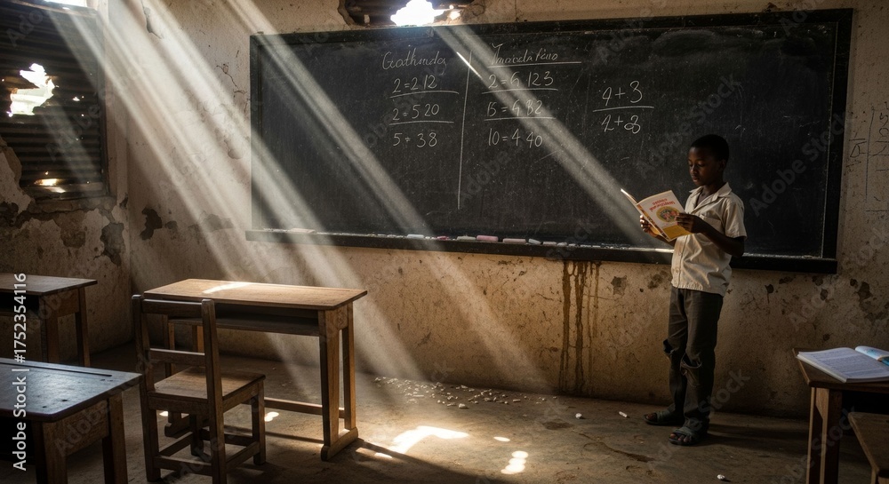 Fototapeta premium Hopeful learning: Sunlight illuminating a young student reading in rustic classroom