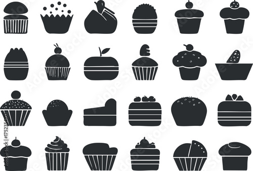 Silhouette icons of various cupcakes and muffins in a seamless black and white pattern.
