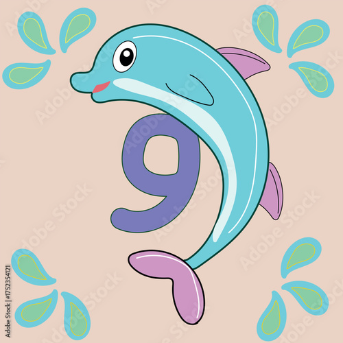 Dolphin illustration swimming around number nine