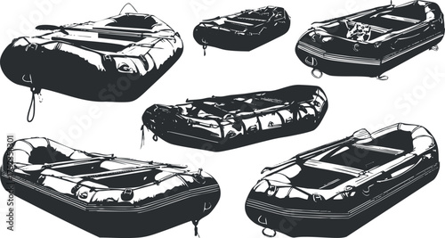 Black and white vector illustration of various inflatable boats in different angles and styles.