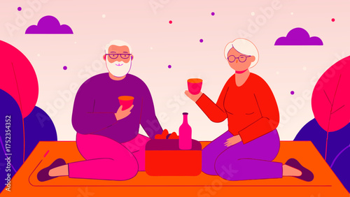 Senior couple enjoying a picnic together with drinks and snacks in a vibrant outdoor setting