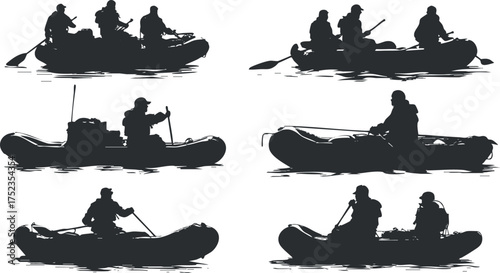 Silhouettes of people rafting in inflatable boats, highlighting adventure and teamwork on the water.