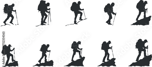 Silhouettes of hikers with backpacks using trekking poles, symbolizing outdoor adventure and exploration.