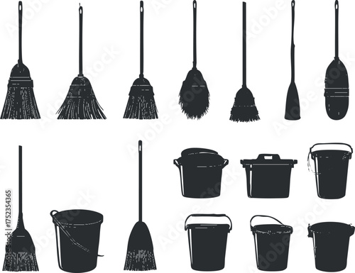 Black and white silhouettes of cleaning tools including brooms and buckets.