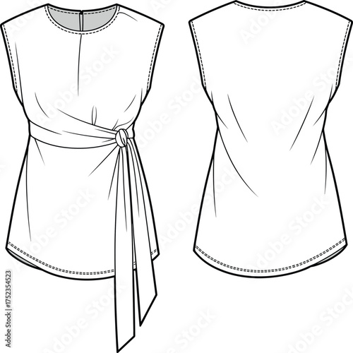 Cad drawing flat vector illustration of sleeveless blouse with wide belt knot detail, fashion technical sketch, front and back view