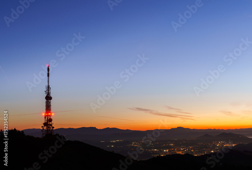 Communications tower. Antennas at sunset on Mount Jaizkibel, Basque Country