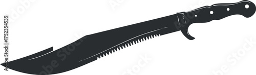 Black silhouette of a machete with serrated edge, useful for outdoor and survival activities.