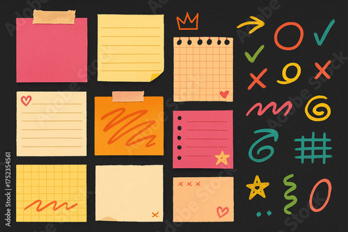 Colorful Sticky Notes and Hand-Drawn Symbols on Black Background for Creative Planning