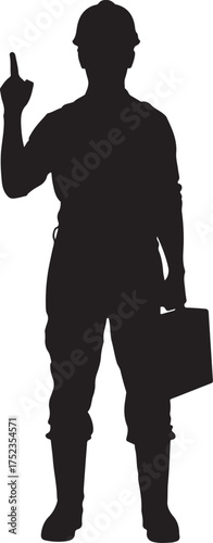 Black Silhouette of a Construction Worker Pointing Upward and Holding a Briefcase index with