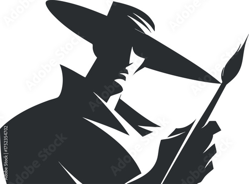 Silhouette of a mysterious figure in a hat and cloak, holding a brush, in black and white.