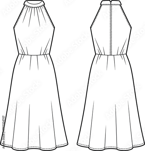 Cad drawing flat vector illustration of sleeveless halter neck midi dress with gathered neckline and flared hem