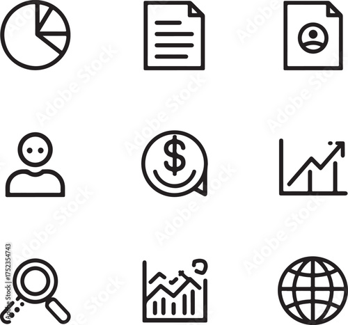 Business and Finance Icons Featuring Pie Chart Document User Profile Dollar Sign and Growth Graph