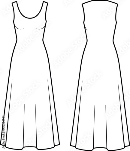 Cad drawing flat vector illustration of sleeveless scoop neck flared maxi dress, front and back fashion technical sketch for women's clothing design
