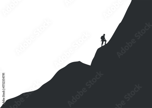 Silhouette of a climber ascending a steep mountain slope against a stark white background.