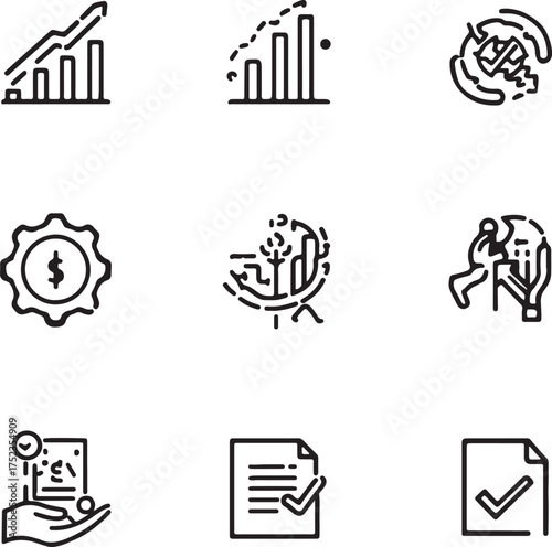 Business and Finance Icons Showing Growth Charts, Money, and Documents bar chart graph