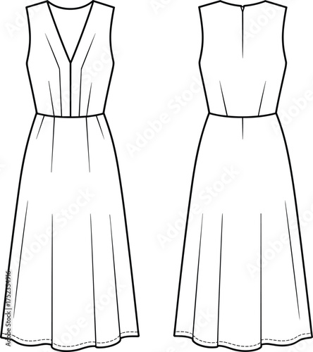 Cad drawing flat vector illustration of sleeveless V-neck flared midi dress with pleated front, technical fashion sketch front and back view