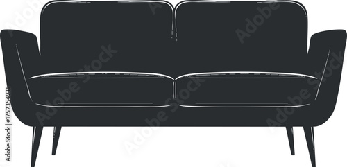 Black silhouette of a minimalist modern two-seater sofa for contemporary interior design.