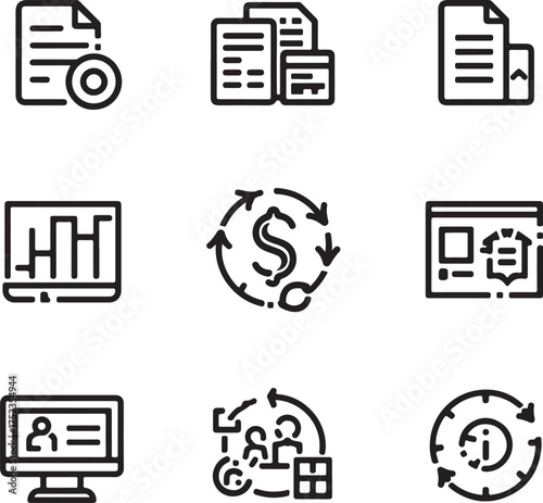 Business and Finance Icons Showing Documents Computer Screen Dollar Cycle and Information Flow file