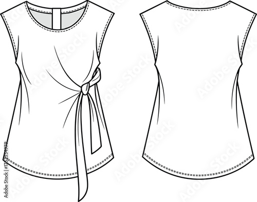 Cad drawing flat vector illustration of sleeveless women's top with side tie design, fashion technical sketch, front and back view