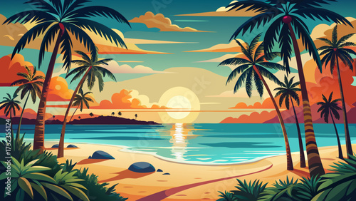 Very beautiful sunrise view of Smathers Beach in Key West, framed by tall palm trees and golden light reflecting on tranquil turquoise waters.
