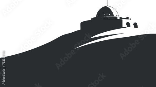 Silhouette of an observatory dome on a hill against a minimalist black and white background.