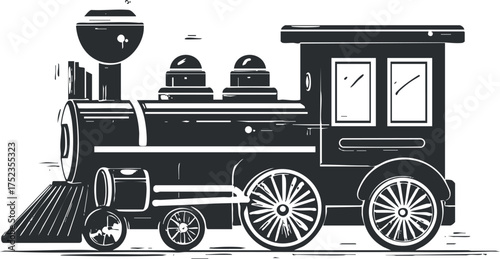 Black and white illustration of a vintage steam locomotive with intricate details and classic design.