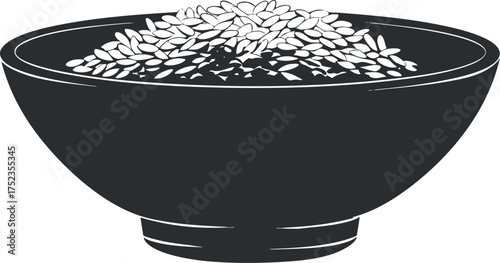 Minimalist black and white illustration of a bowl filled with rice, symbolizing staple food.