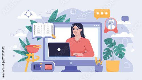 Young woman studies and works online with laptop and books, surrounded by plants and abstract shapes.